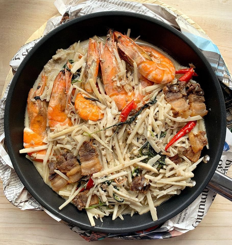 Filipino Dish – Spicy Ginataang Labong with Shrimp and Pork plus Spinach