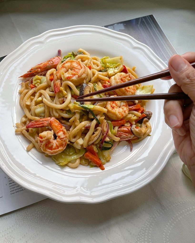 Japanese Food - Udon Stir Fry with Shrimp  - House of Hazelknots