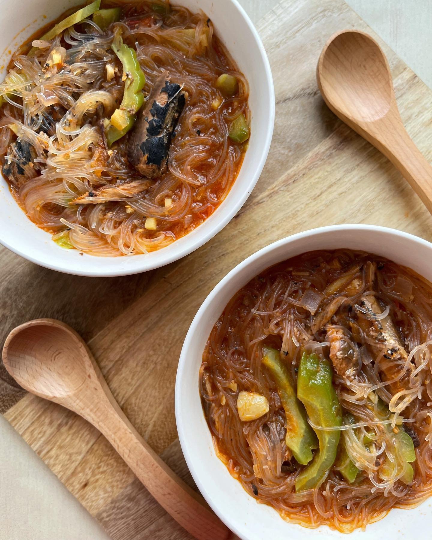Filipino Food Sotanghon Soup with Sardines and Ampalaya
