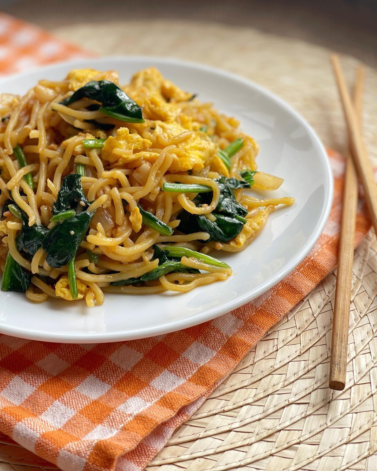 When in Singapore Stir Fried Noodles with Spinach and Scrambled Eggs